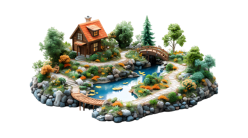a small house on a small island with a bridge and trees png