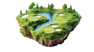 isometric style, golf course island with trees and water on transparent background png