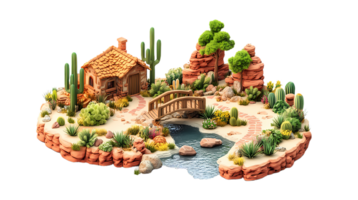isometric style, a desert landscape with a house, cactus and cactus png