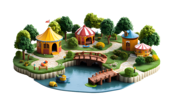 isometric style a small island with a circuss park, trees and a bridge png