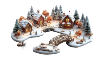 isometric style, a winter christmas village with a bridge and trees png