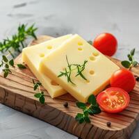 Aesthetic slices of cheese with tomatoes on a wooden board photo