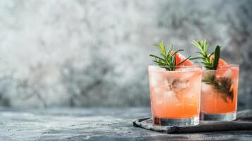 two cocktails on the table. Gray background with space for text. Menu photo