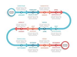 Timeline infographics template with 12 months, workflow, process chart vector