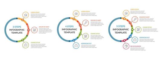 Three infographic templates - 3, 4 and 5 steps, diagrams with icons and text vector