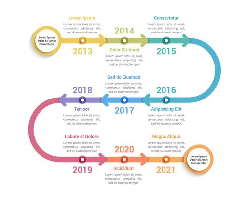 Timeline infographics template with 9 arrows