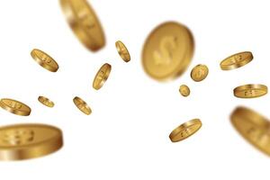 gold coins floating forward on a white background. scattering money vector