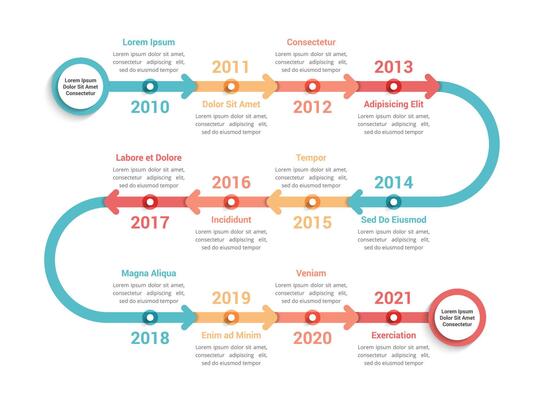 Timeline infographics template with 12 arrows