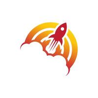Red rocket launching through orange clouds. vector