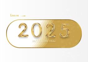 Happy New Year 2025 Designs golden numbers in shiny luxury frame capsule loading into the new year on a white-gray gradient background, holiday illustration. vector