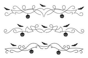 set of Halloween flourish dividers, hand drawn fancy lines with pumpkins and Bats vine scroll page separator, decorative ornate swirls vintage menu Wedding border holiday design element vector