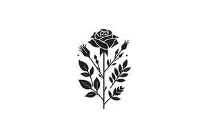 A illustration featuring a black silhouette of a rose, complete with a rosebud and leaves, set against a white background. vector