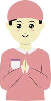 Muslim Greeting Pose Eid Mubarak Character with Both Hand. vector