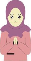Muslim Greeting Pose Eid Mubarak Character with Both Hand. vector