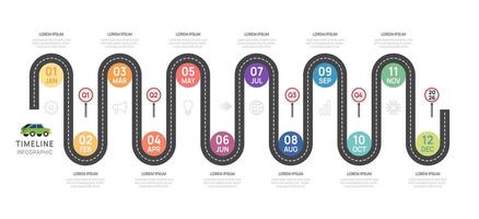 Infographic 2025 road timeline presentation, 12 months. elements diagram template for business. roadmap with circle topics, infographics. vector