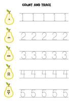 Count pear seeds and trace numbers. Educational worksheet for kids. vector
