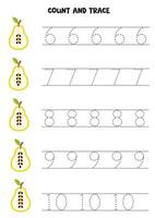 Count pear seeds and trace numbers. Educational worksheet for kids. vector