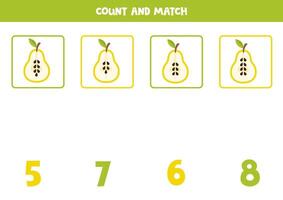 Counting game for kids. Count all pear seeds and match with numbers. Worksheet for children. vector