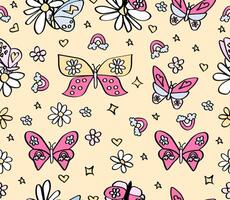 cute boho butterfly seamless pattern on a yellow background. vector