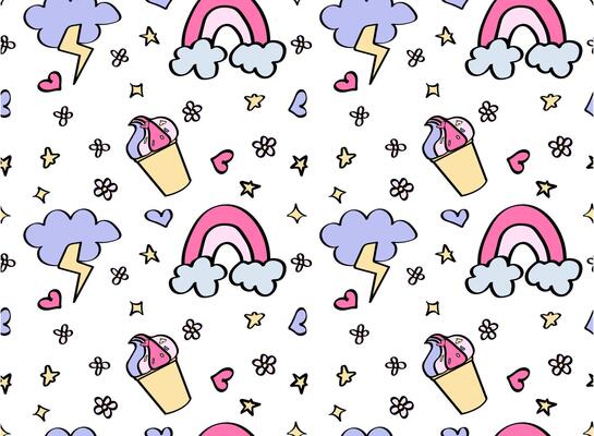 cute kid's rainbow and thunder cloud pattern for baby nursery wallpaper.