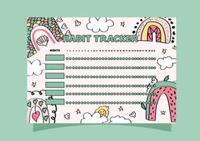 boho rainbows and clouds background habit tracker template. vector