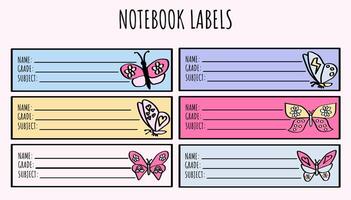 cute butterfly back-to-school notebook labels set for elementary and middle school kids. vector