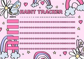 magical unicorns and boho rainbows background habit tracker template. vector