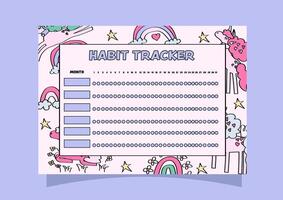 magical unicorns and boho rainbows background habit tracker template. vector
