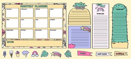 pineapple and cactus-themed collection of to-do lists, checklists and school schedules, monthly planner templates. vector
