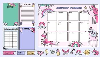 cute unicorn of to-do lists, checklists and monthly planner templates collection. vector