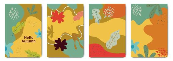 Autumn botanical abstract art in warm colors with motifs of fall foliage and flowers. vector