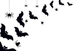 Bats and spiders on a white background. Halloween holiday concept. Black silhouettes. Empty space for text. Copy space. Postcard, invitation to a party. vector