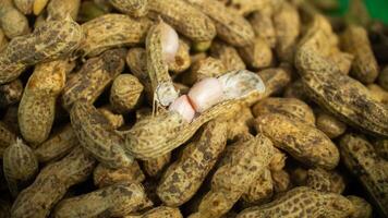 Opened nut shell on group of fresh ground peanuts harvest from field. photo