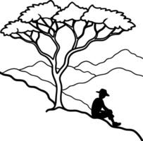 A silhouette of a hiker resting under a large, gnarled tree on a hillside, with a wide valley stretching out below vector