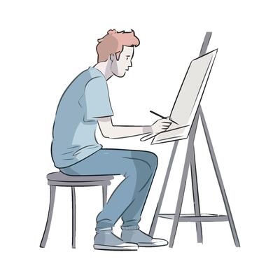 A man sitting on a chair and drawing on a canvas