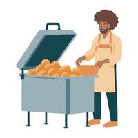 A man in an apron is standing next to a large oven vector