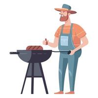 A man in overalls is cooking a steak on a grill vector
