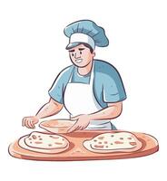 A man in an apron is making pizza vector