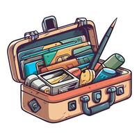 An open suitcase with a pencil, pen, and other items vector