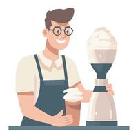 A man in glasses is making a drink with a blender vector