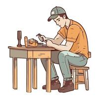 A man is sitting at a table with a laptop and a phone vector