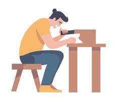A man is working on a wooden table vector