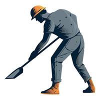 A man in a hard hat and overalls is digging with a shovel vector
