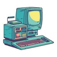 An old computer and keyboard are sitting on a table vector