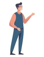 A man in a blue tank top and pants is pointing vector