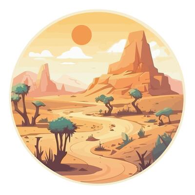 illustration of desert landscape with mountains and trees