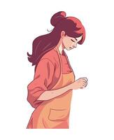 A woman in an apron is looking down at her phone vector