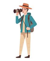 Man with camera and hat standing with backpack and hat vector