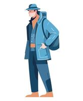 Man in blue coat and hat with backpack vector