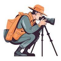 A man in a hat and backpack is taking a photo with a camera vector